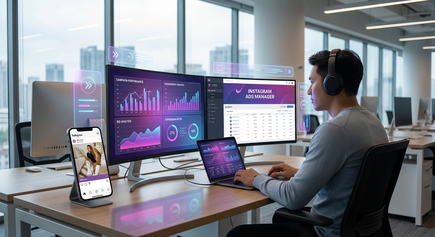 إنفوجرافيك يوضح معايير نجاح إعلانات إنستجرام وإدارة الحملات الاحترافية مع كودادسي.